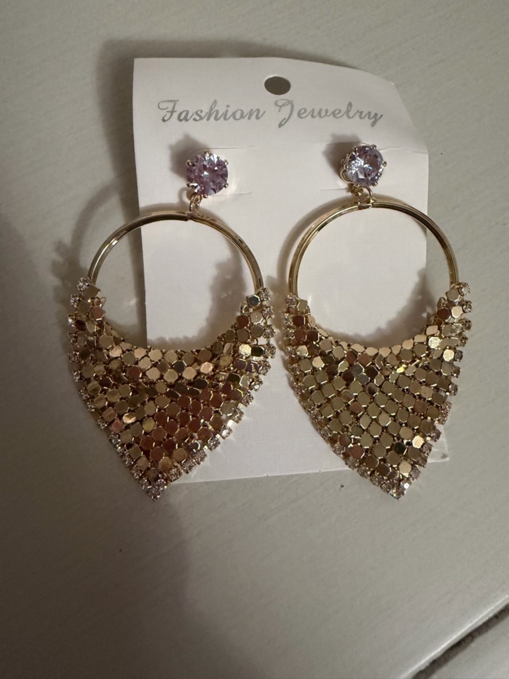 Gold-toned Mesh Teardrop Hoop Earrings with Rhinestones